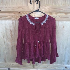 Altar’d State Burgundy boho beaded tassel shirt size M